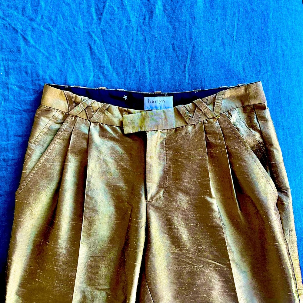 Anthropologie Harilyn Green-Gold Silk Cropped Dress Pants